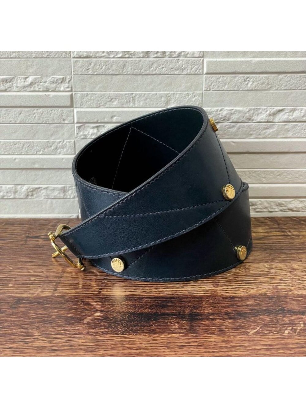 Gucci GG Leather Belt Gold Buckle Navy Hysteria - Picture 2 of 10